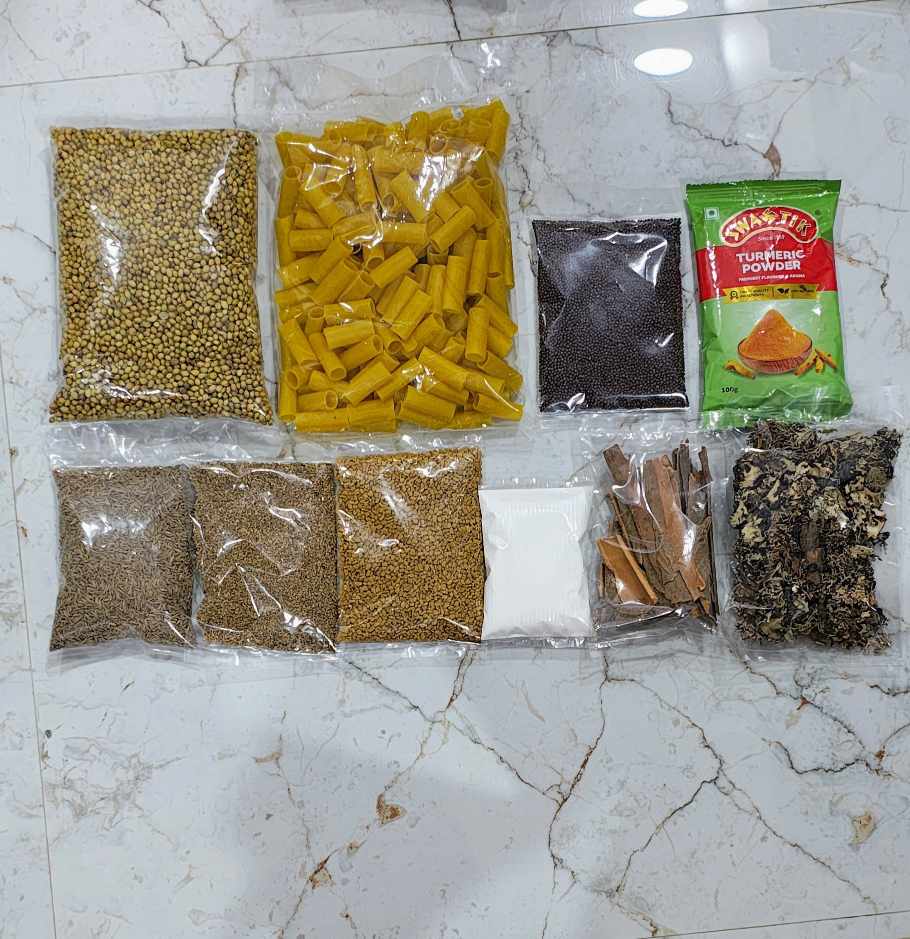 DANIYALO,250g. Papadalu,250g. Avalu,100g. Haldhi,100g. Jeera,100g. Menthulu,100g. Vantasoda,100g. Va